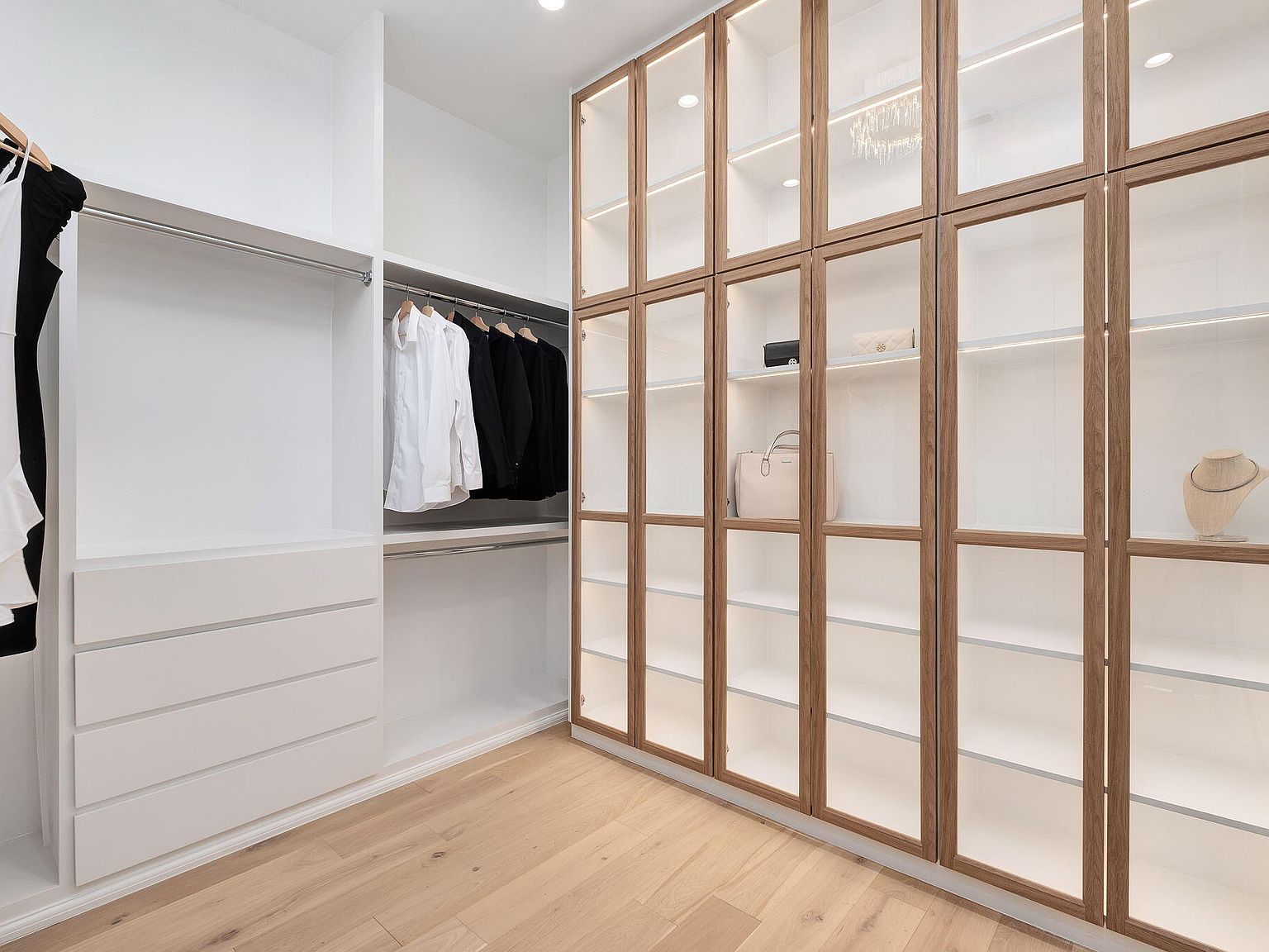 Walk-in closet with glass displays