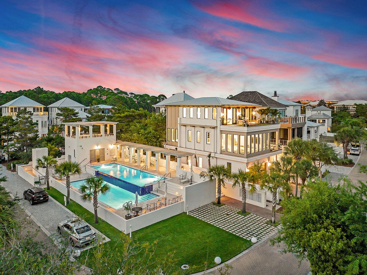 Aerial twilight view with pool